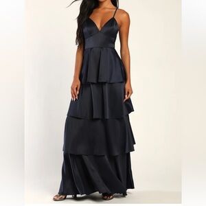 Lulus Going with Elegance Navy Blue Satin Tiered‎ Gown size S NWT